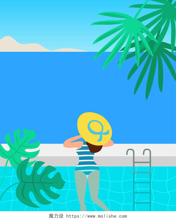 夏季泳池与女人海上度假胜地卡通背景矢量插图